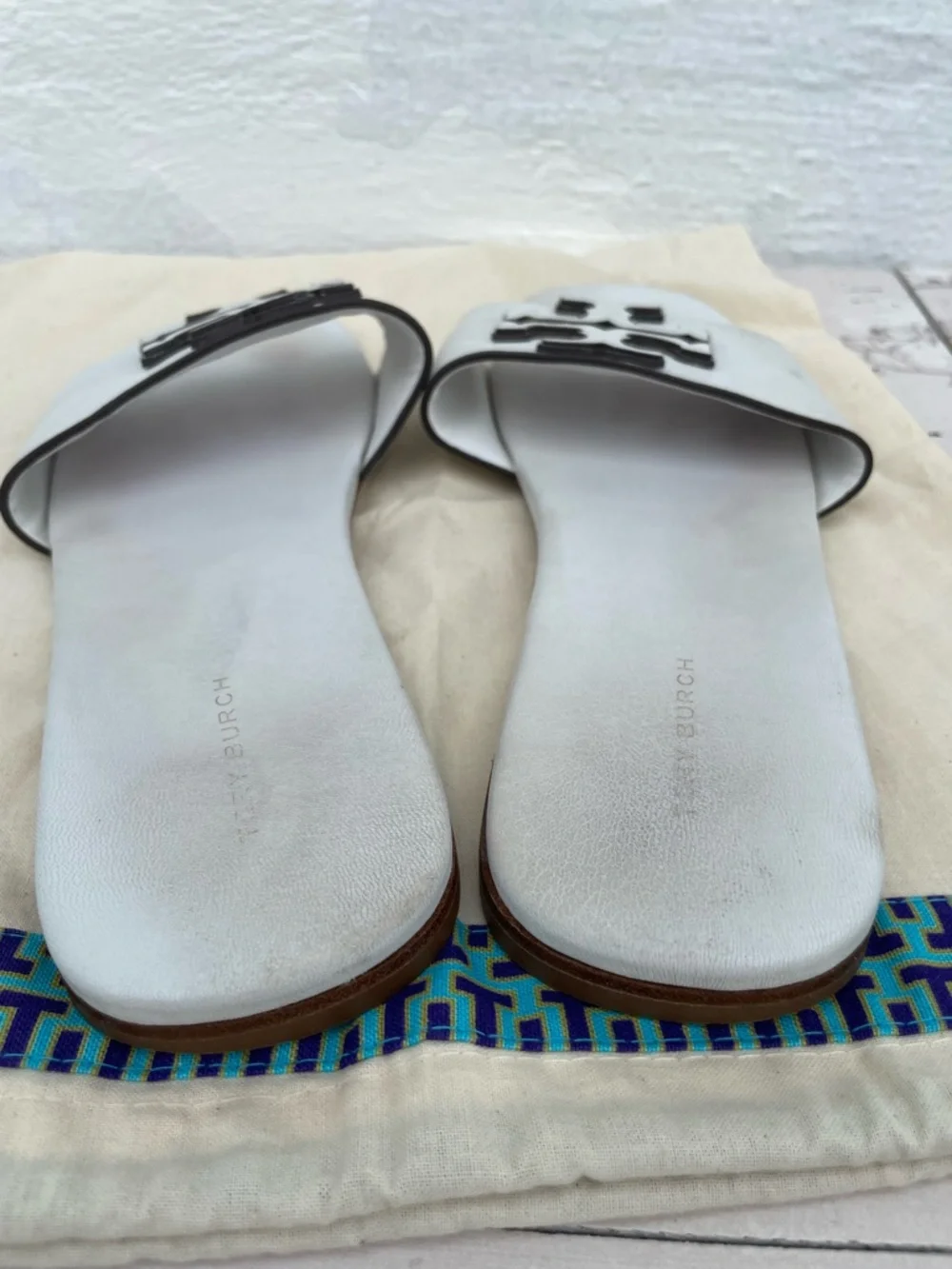 Tory Burch White Leather Logo Slide Sandals
